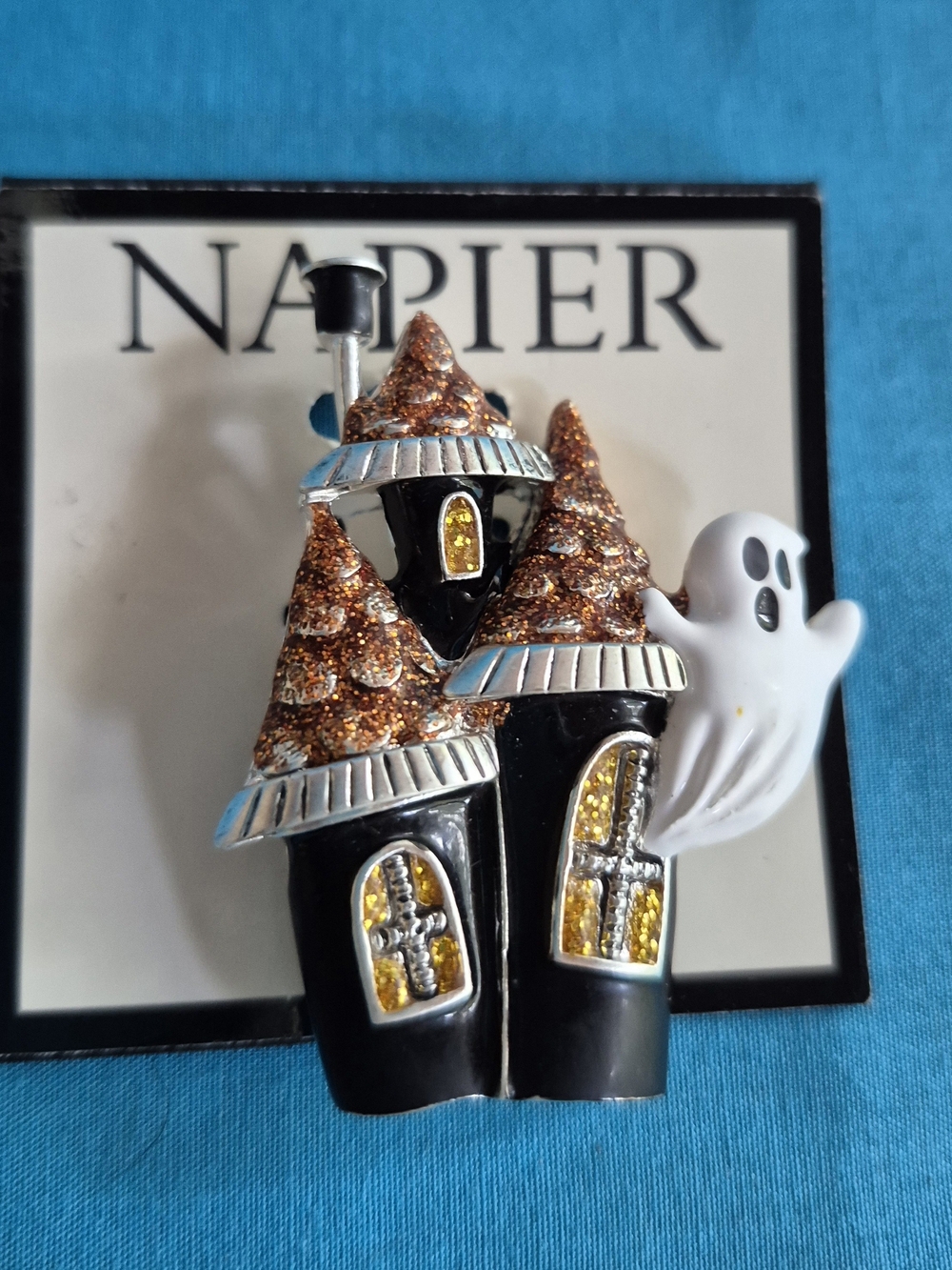 Napier Halloween Haunted House Ghost Brooch Pin Enamel Silver Tone NWT